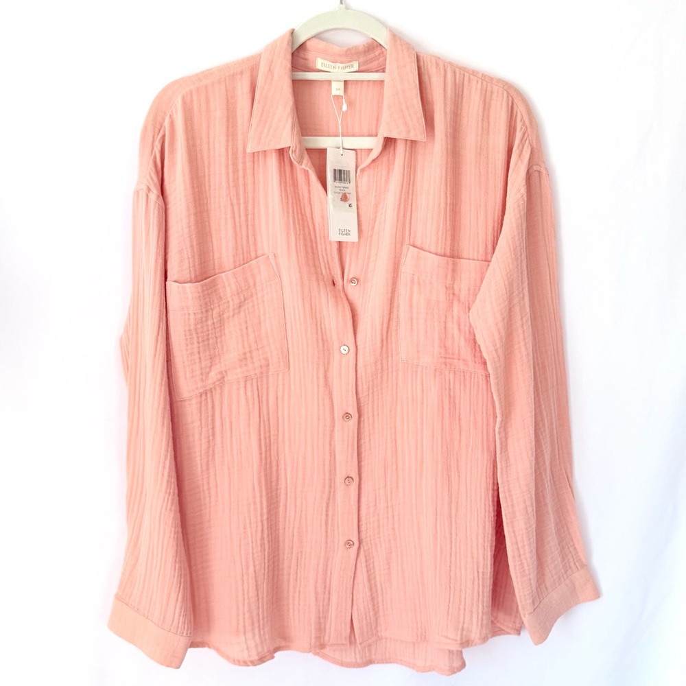 NWT Eileen Fisher Organic Cotton Lofty Gauze Classic Collar Button Shirt Peach S - Picture 2 of 15
